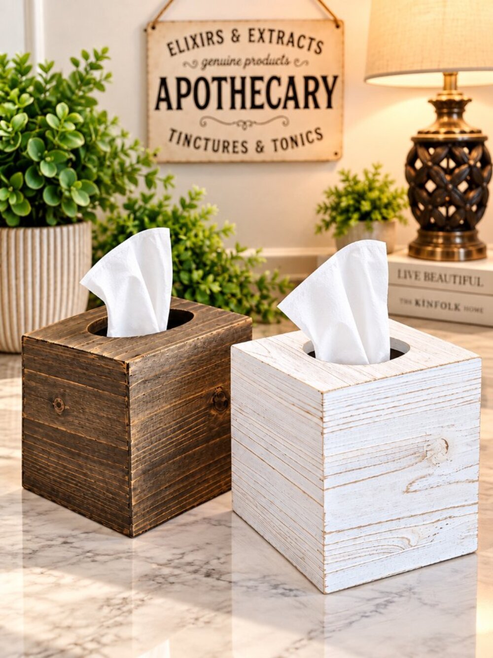 Set of 2 Rustic Reclaimed Wood Square Tissue Box Covers Natural NIB